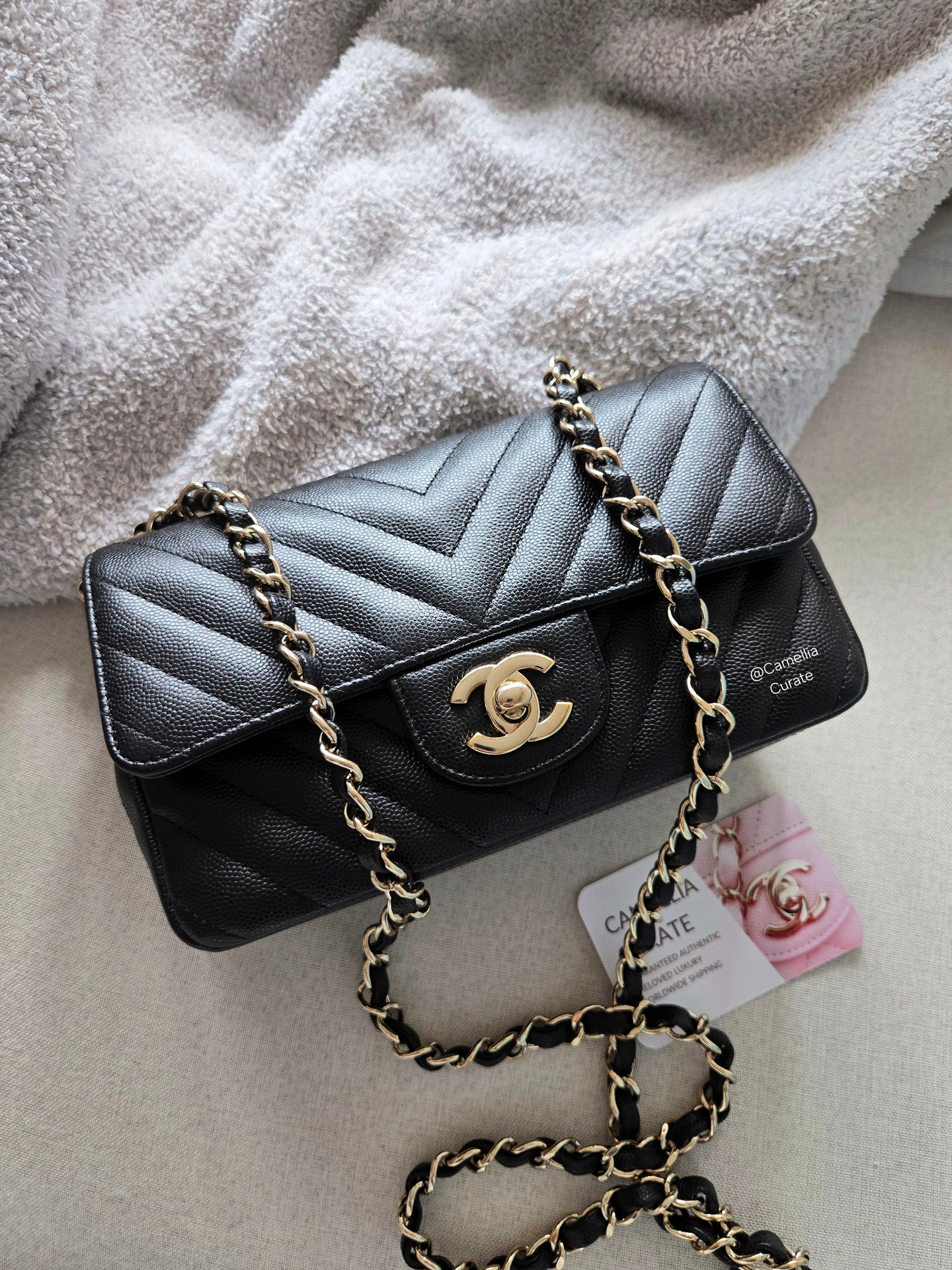 Chanel Mini Rectangle Chevron Black Caviar Gold Hw