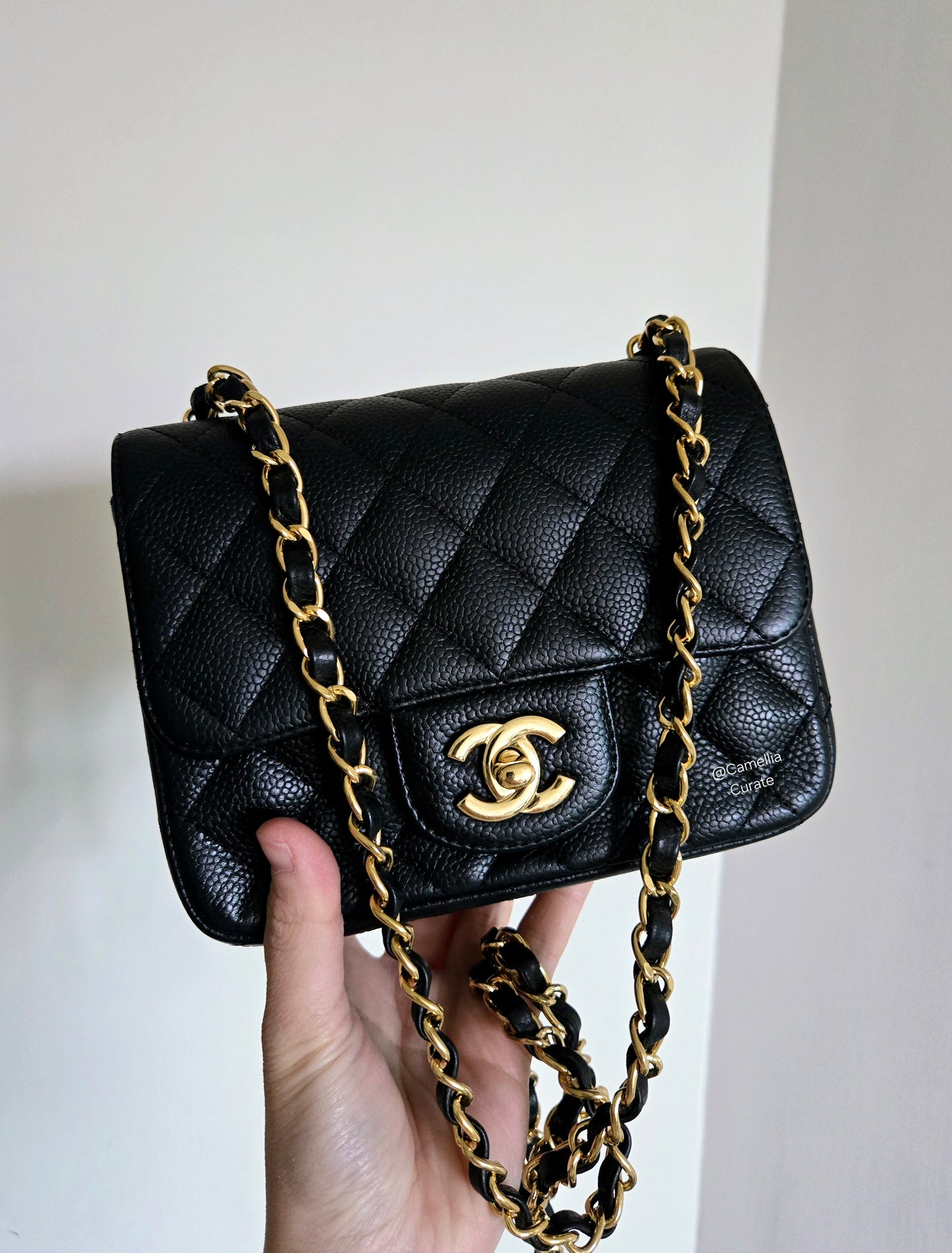 Chanel Mini Square Black Caviar Edge Stitching Gold Hardware