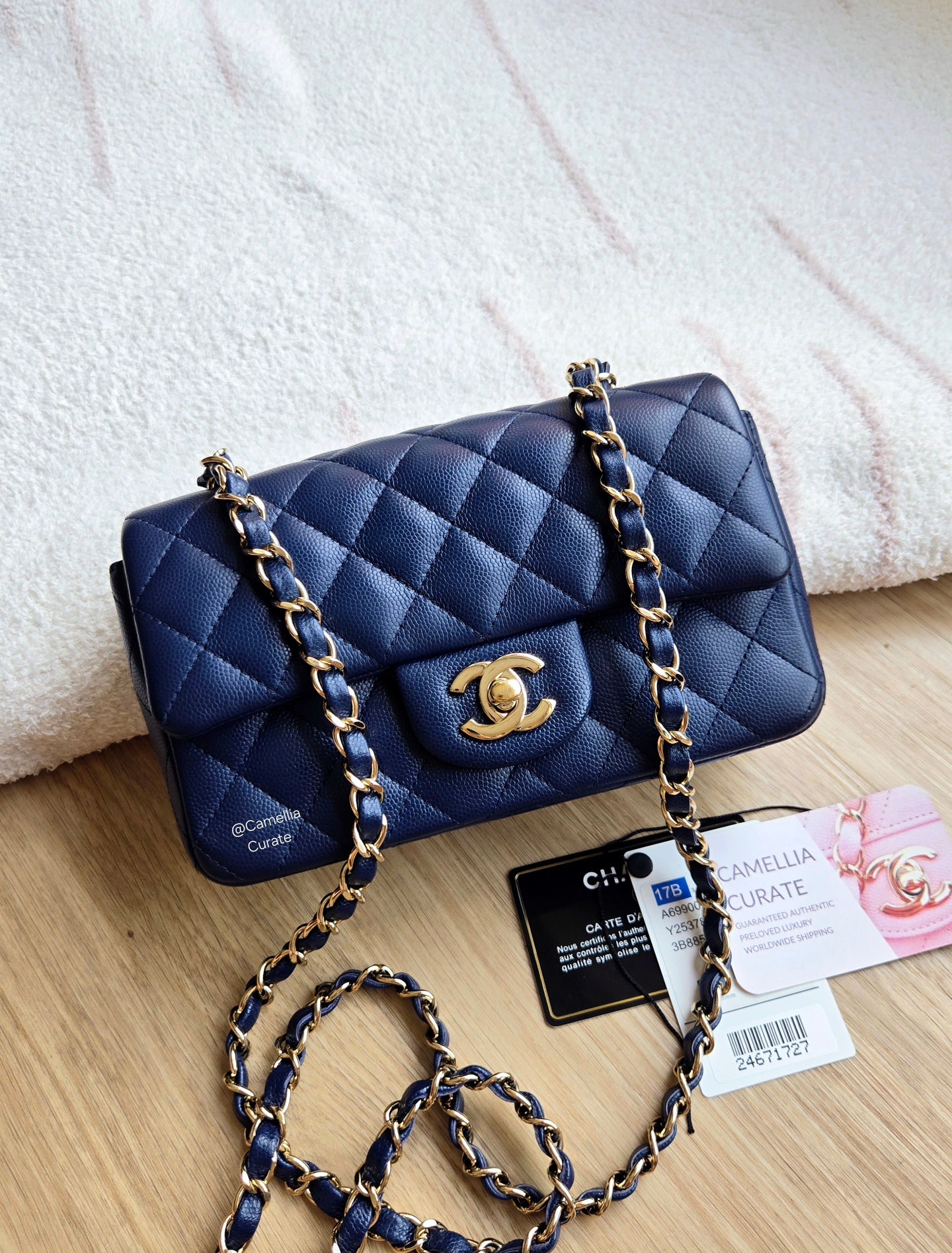 Chanel 17B Navy Blue Caviar Mini Rectangle Gold Hw