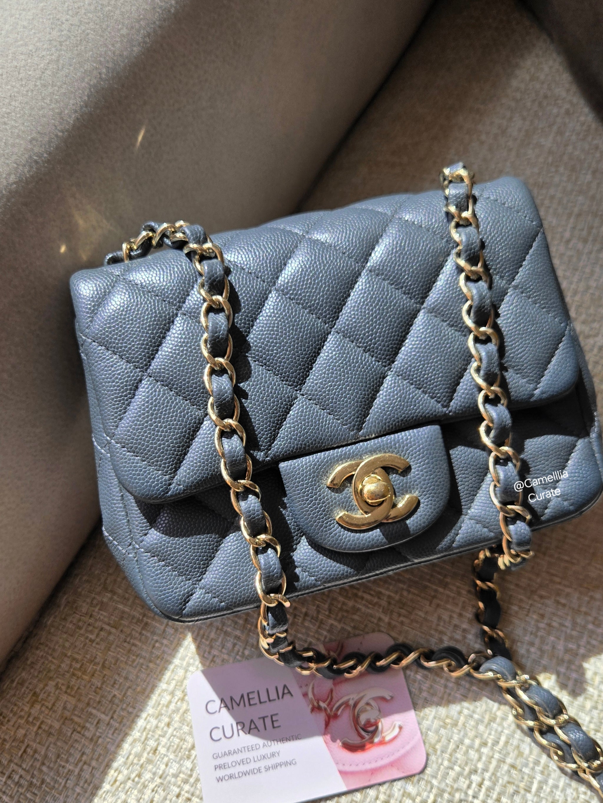 Chanel 18B Grey Classic Mini Caviar Square Champagne Gold