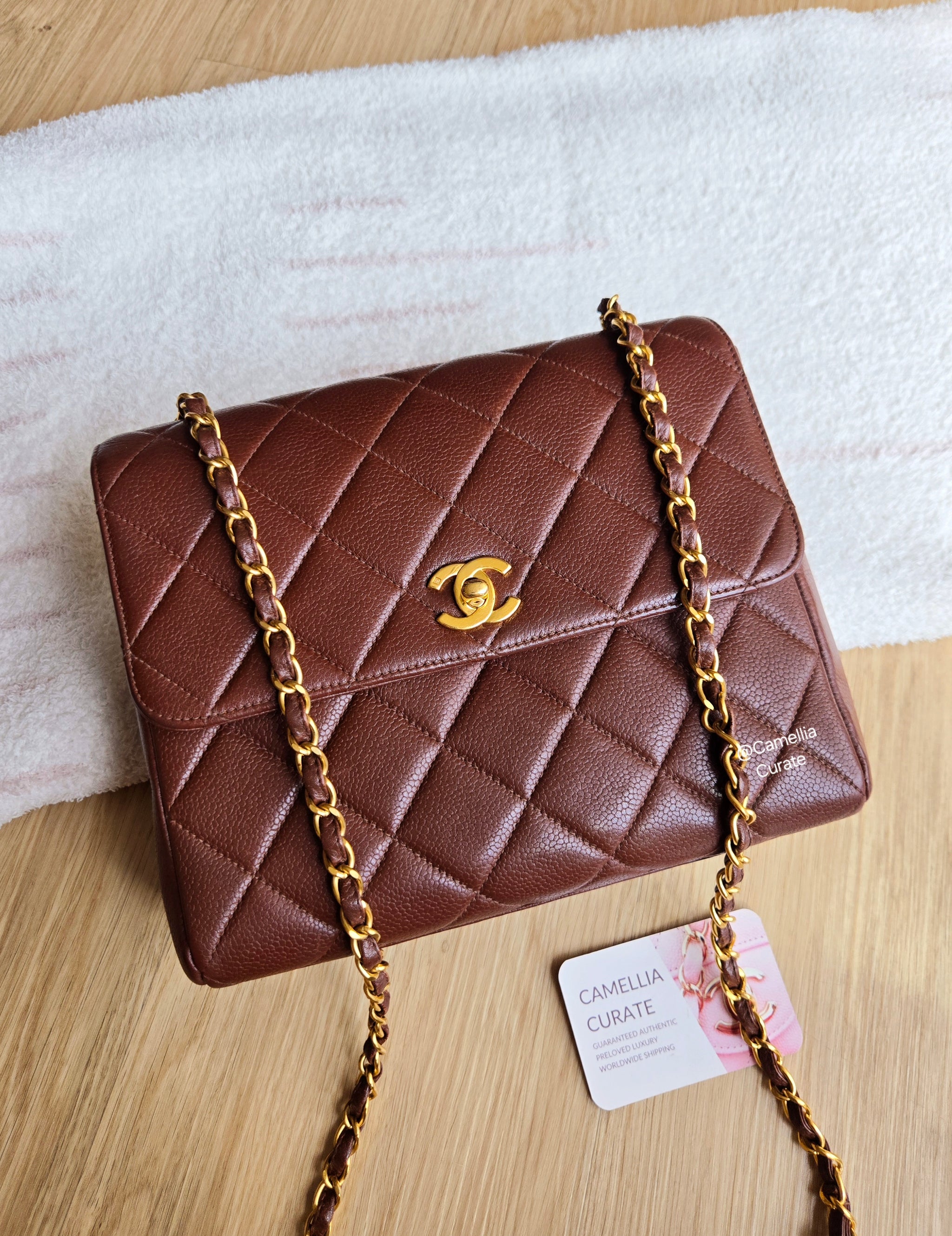 Chanel Chocolate Brown Caviar Small Square Flap 24k Gold