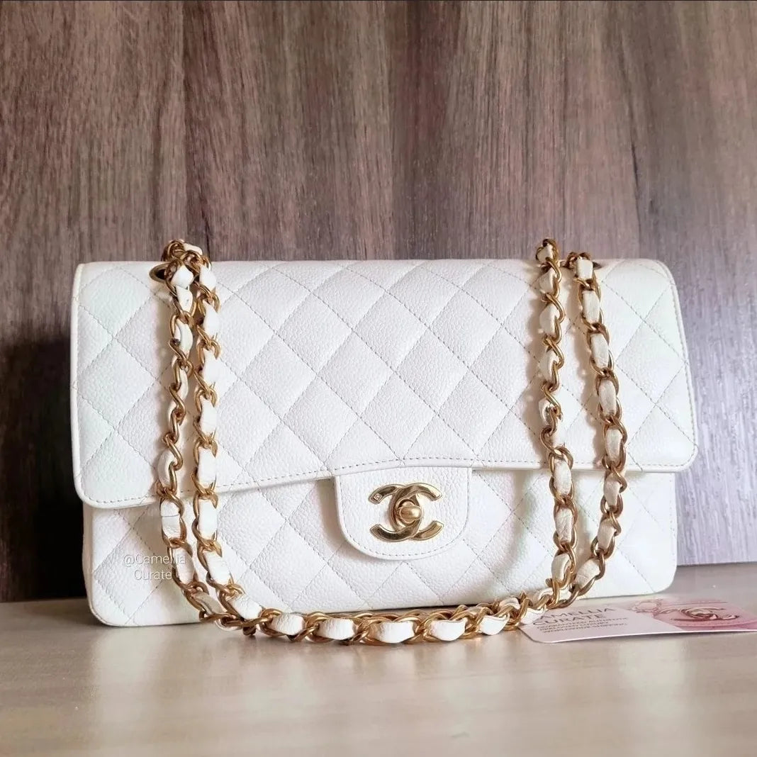 Chanel White Classic Medium Flap Caviar 24k Gold