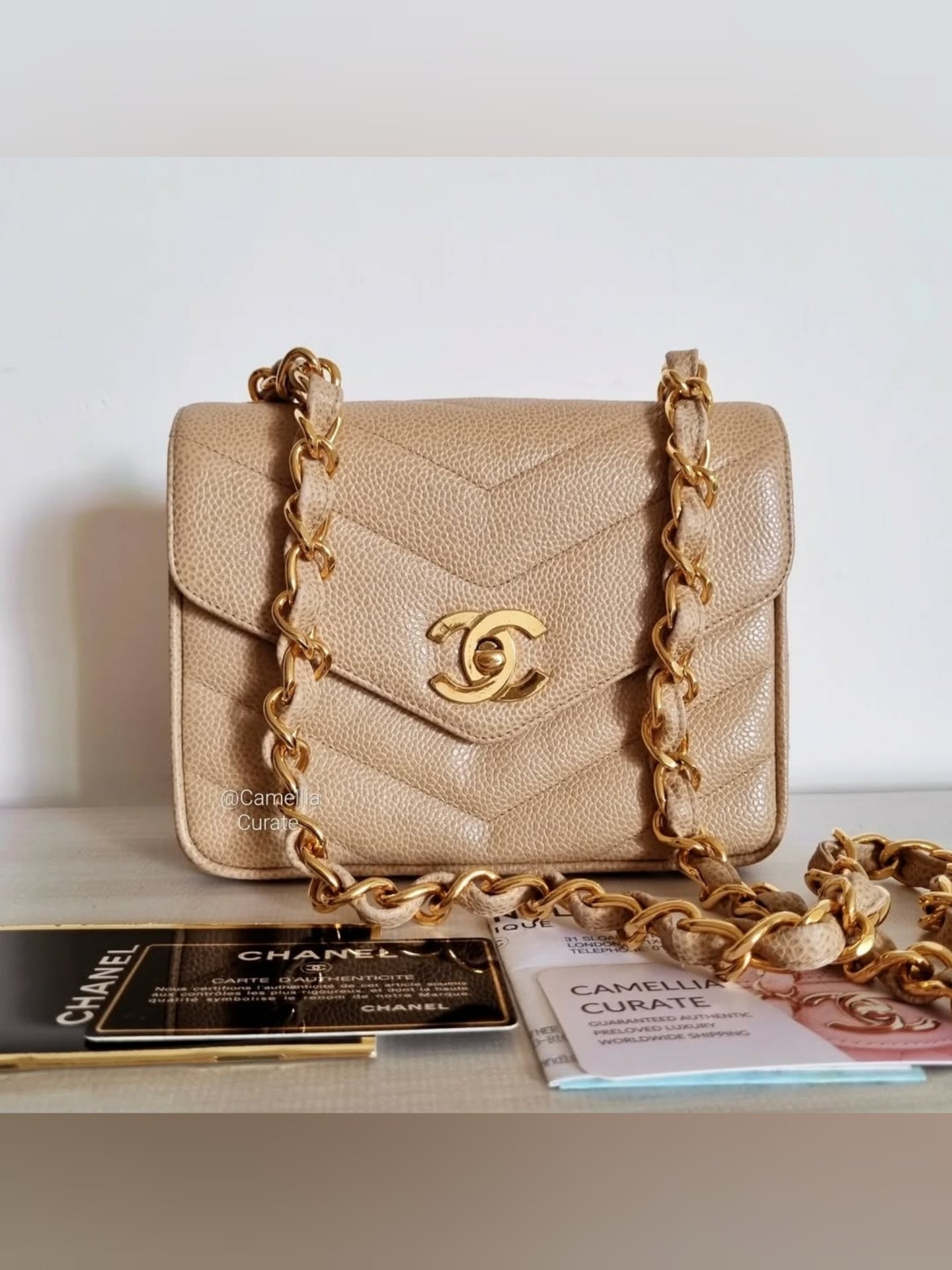 Chanel Dark Beige Mini Caviar Vintage Chevron 24k Gold