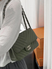 Load image into Gallery viewer, Chanel Sage Green Classic Mini Rectangle Caviar Chevron Silver Hw
