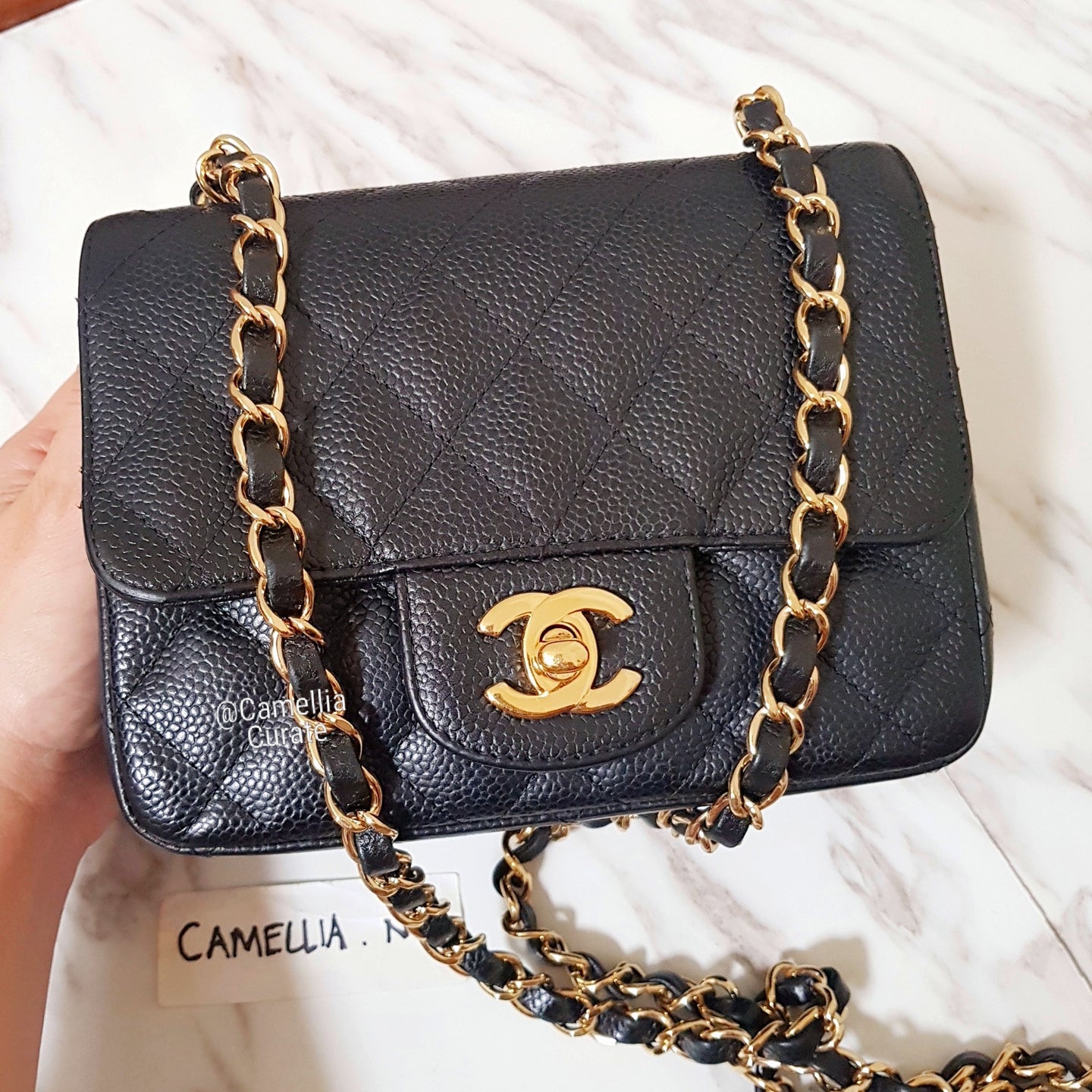 Chanel Square Mini Black Caviar Gold Hardware Edge Stitching