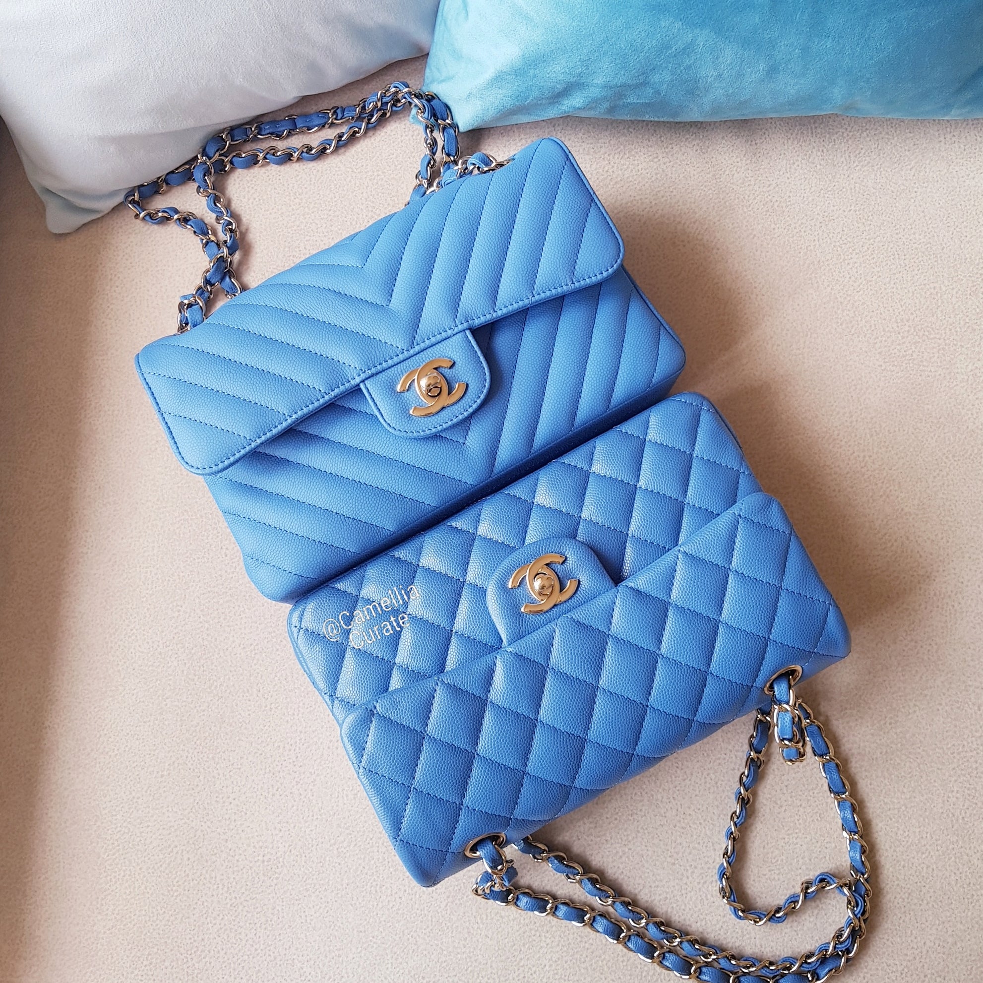 Chanel Small Classic Flap Sky Blue Caviar Light Gold HW – CamelliaCurate