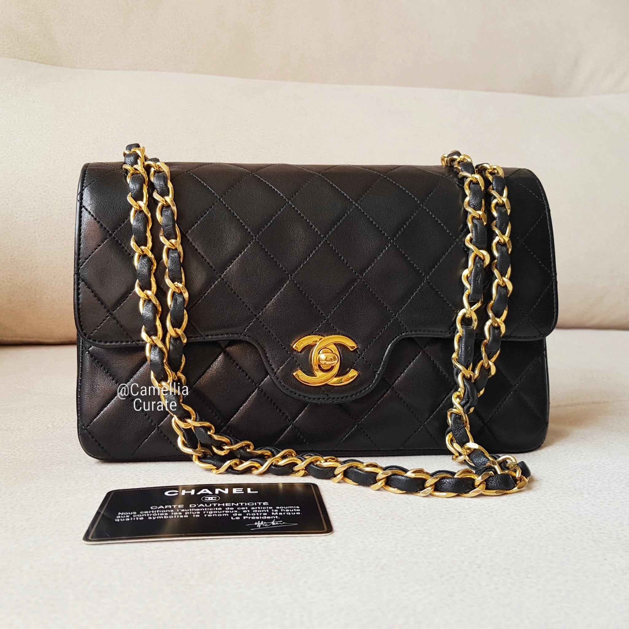 Chanel Vintage Small Classic Flap Border Tab 24k Gold Hardware Black L –  CamelliaCurate