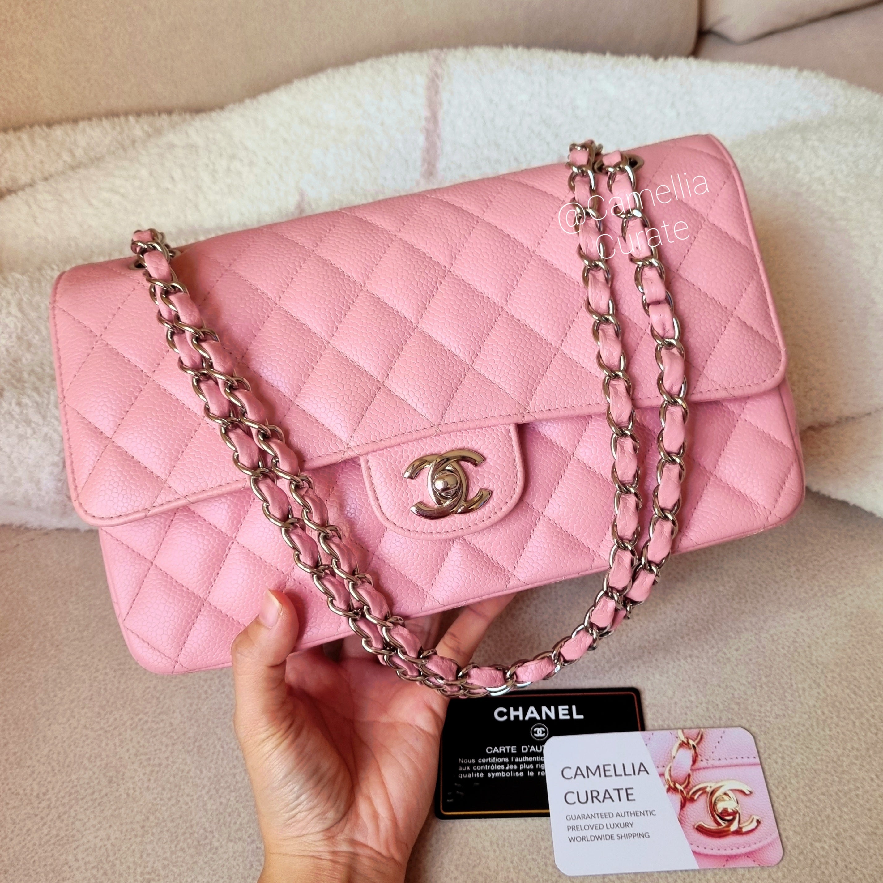 Chanel 17cm square Mini Sakura Pink Lambskin 24k GHW vintage