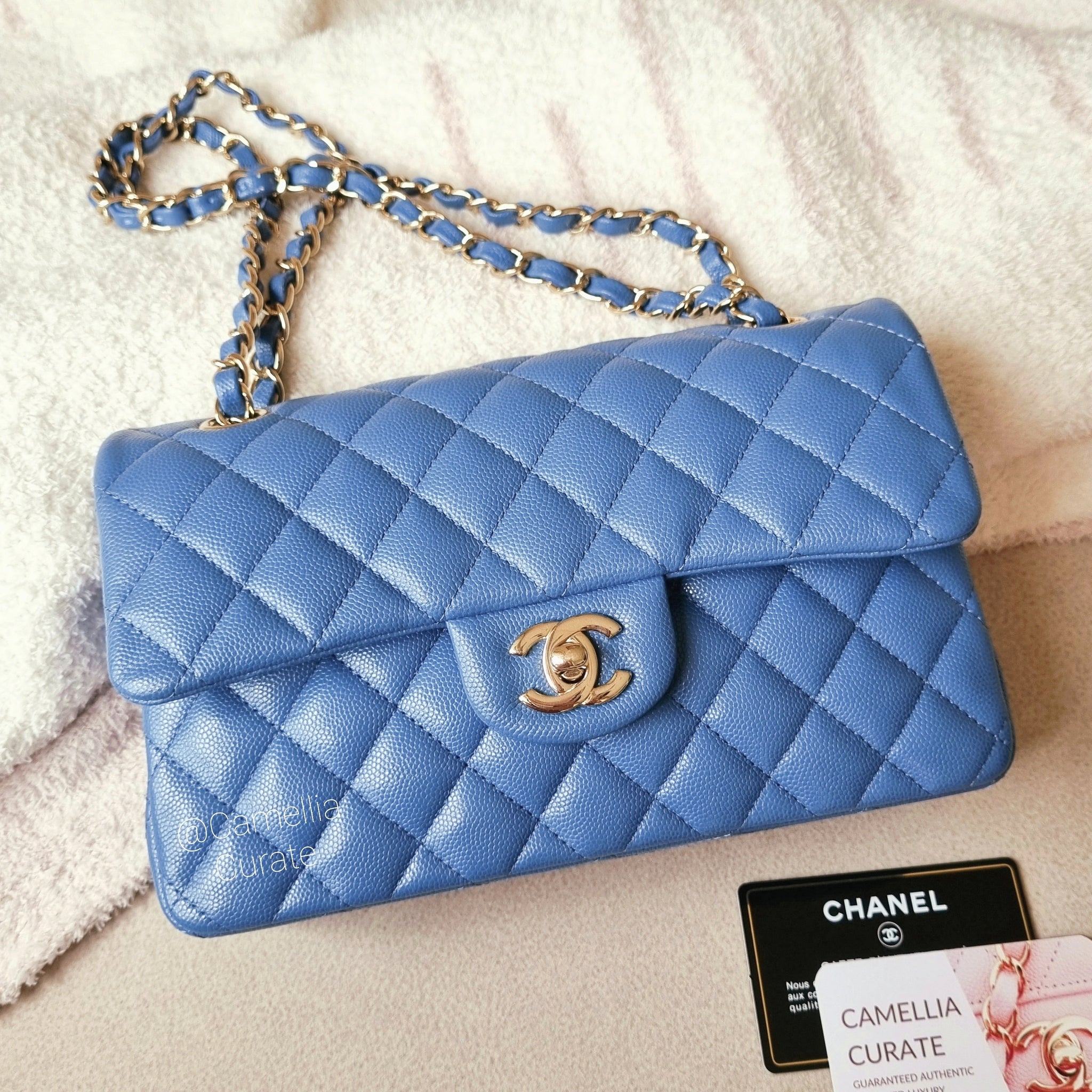 Chanel Small Classic Flap Sky Blue Caviar Light Gold HW – CamelliaCurate
