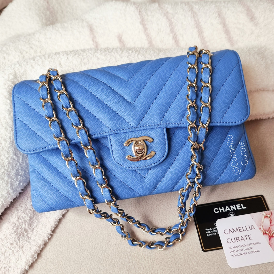 Chanel Small Classic Flap Sky Blue Chevron Light Gold HW – CamelliaCurate