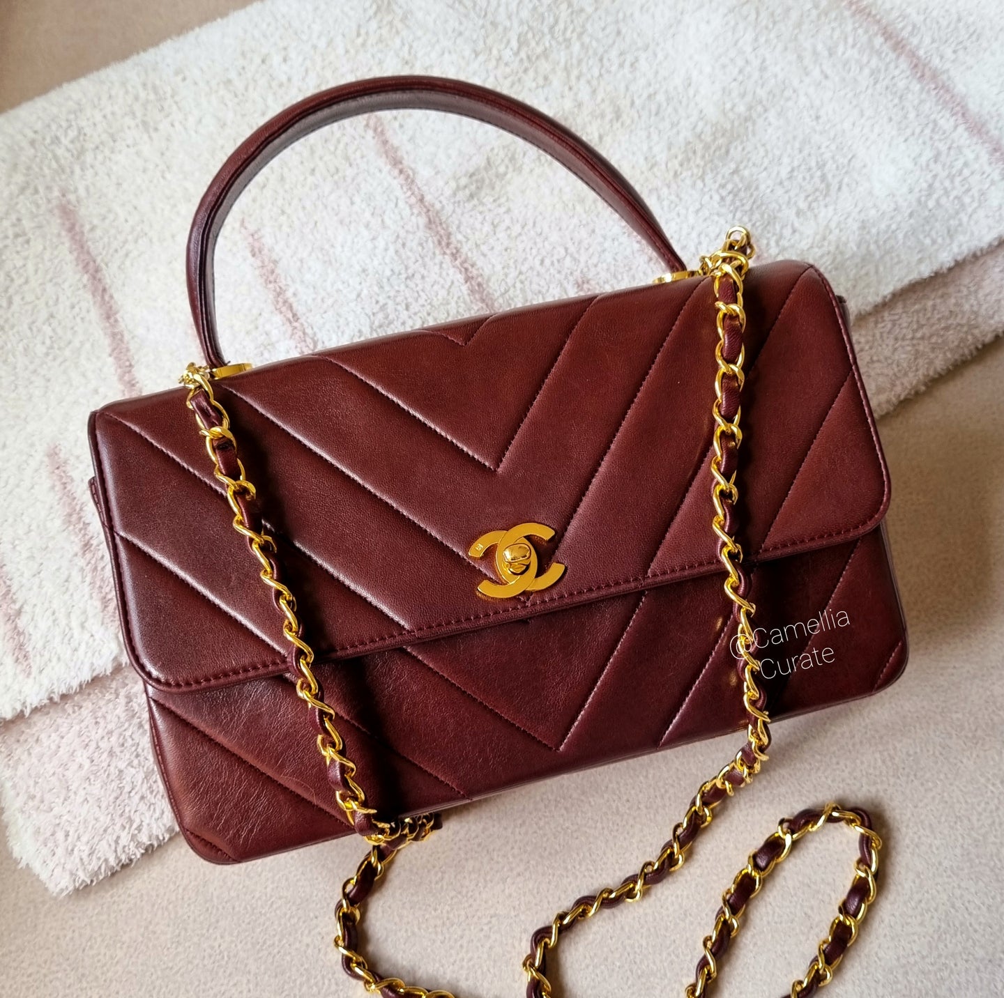 Chanel Burgundy Brown Vintage Kelly Chevron Lambskin 24k Gold HW