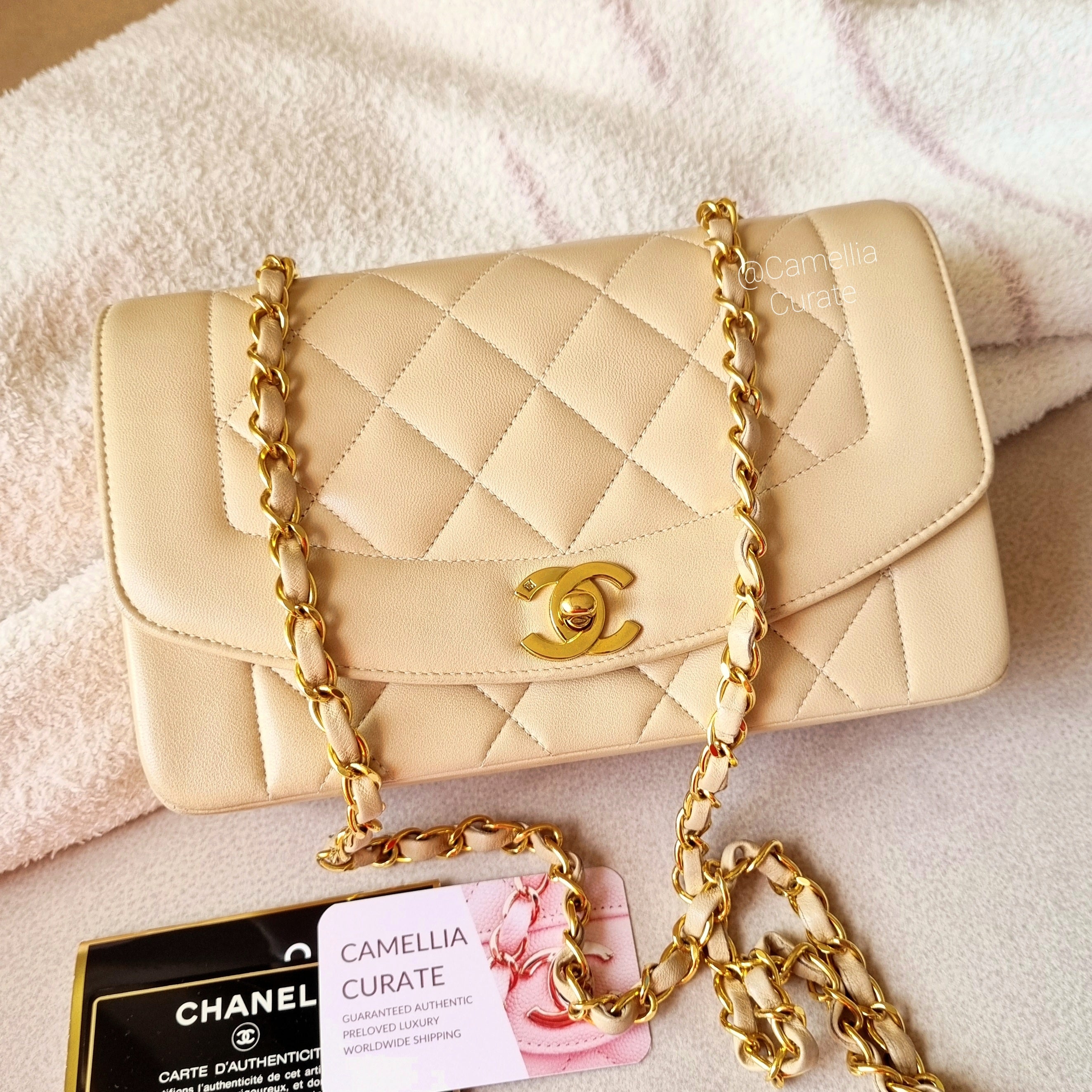 Chanel Diana Beige Small Vintage Lambskin 24k Gold HW