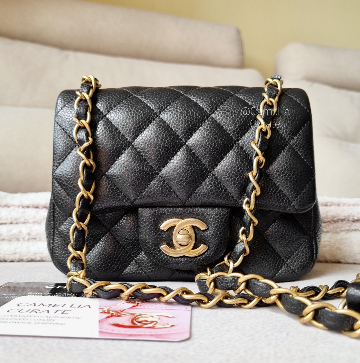 Chanel Mini Square Caviar Black Gold HW