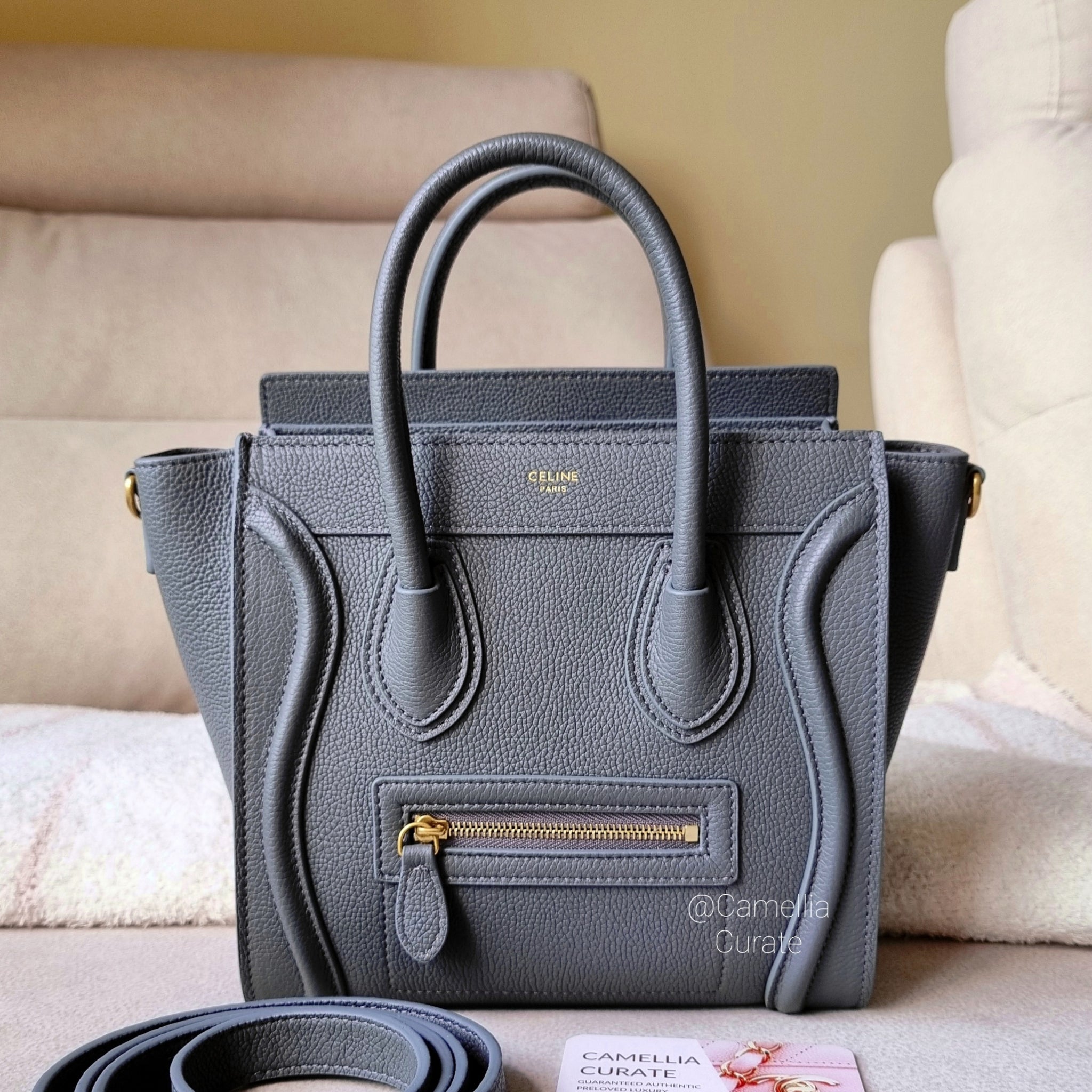 Celine Luggage Nano in Kohl Grey Gold HW – CamelliaCurate