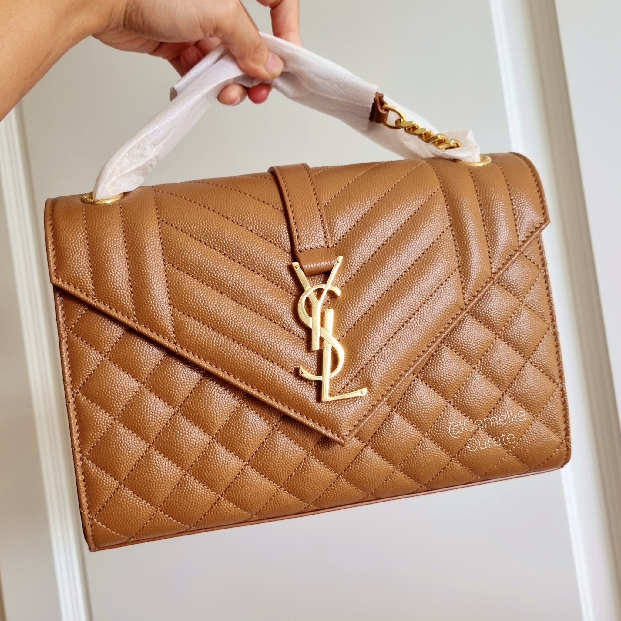 YSL Envelope Bag Medium Dark Natural Caramel CamelliaCurate