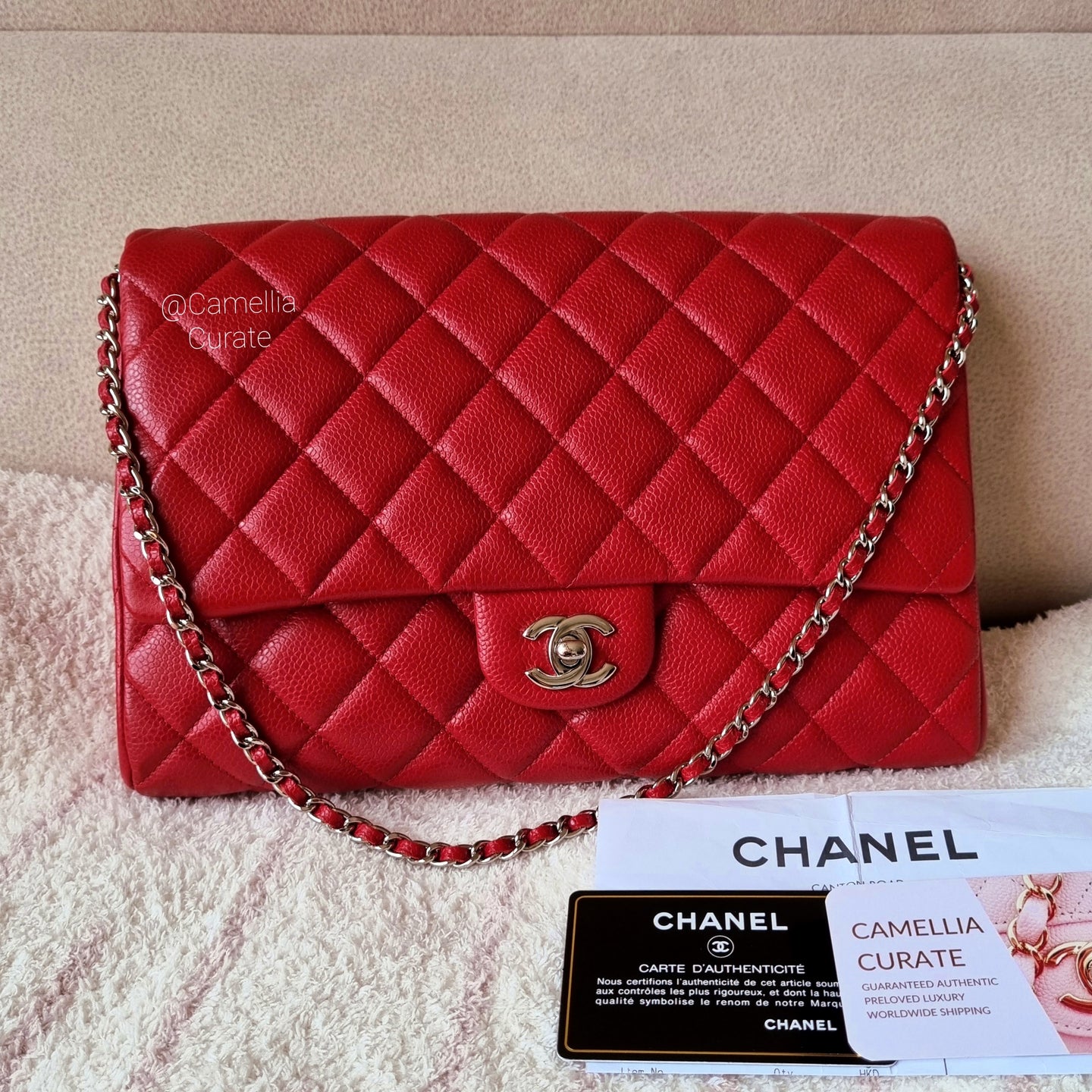 Chanel Red Caviar Clutch with Chain  Silver HW