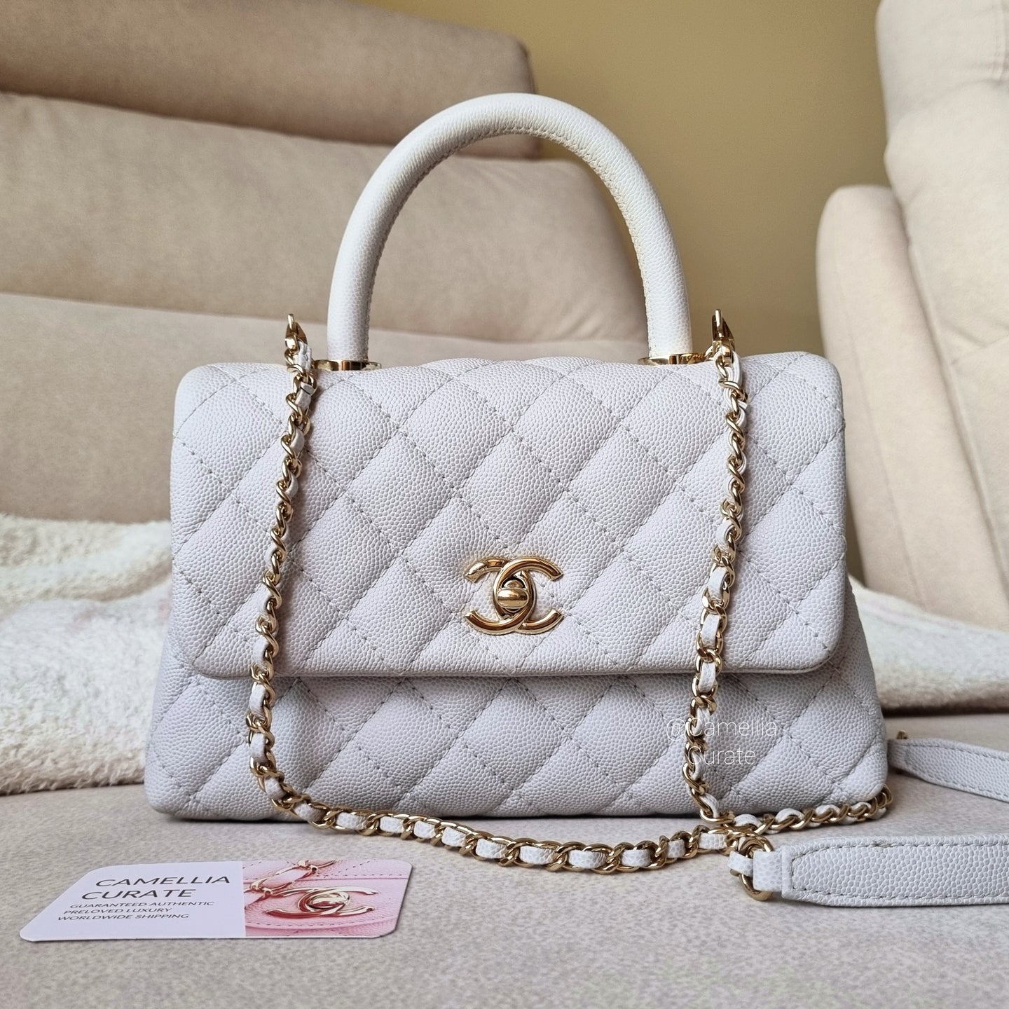 Chanel Coco Handle 19p Light Grey Small/Mini Caviar Gold HW
