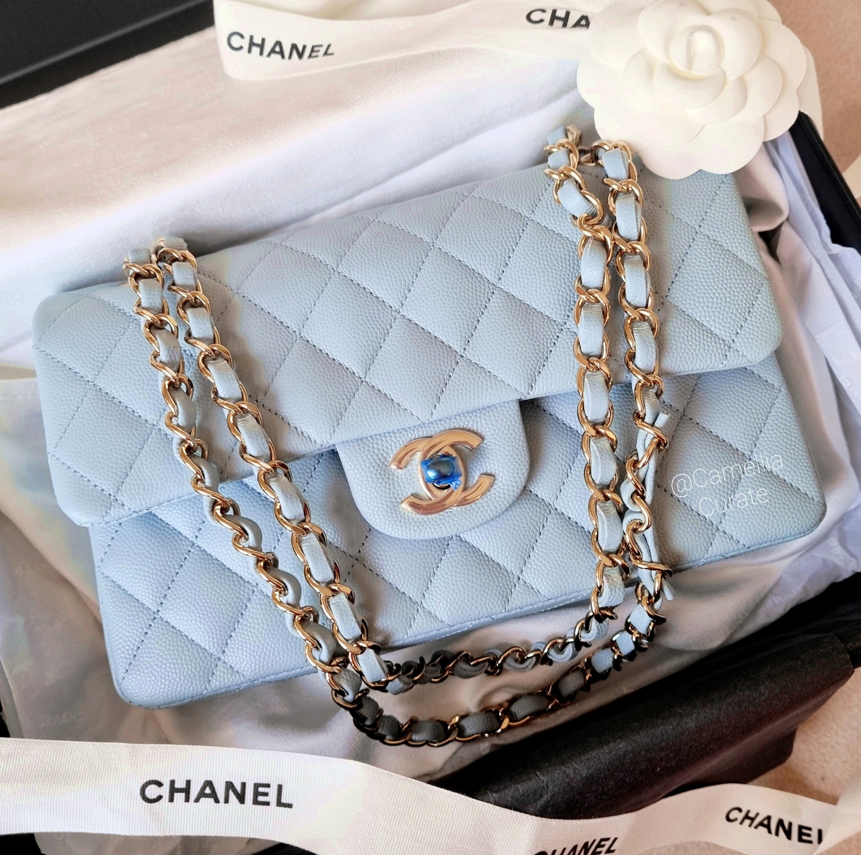 CHANEL Medium Classic Double Flap Bag Light Blue Caviar LGHW 22P