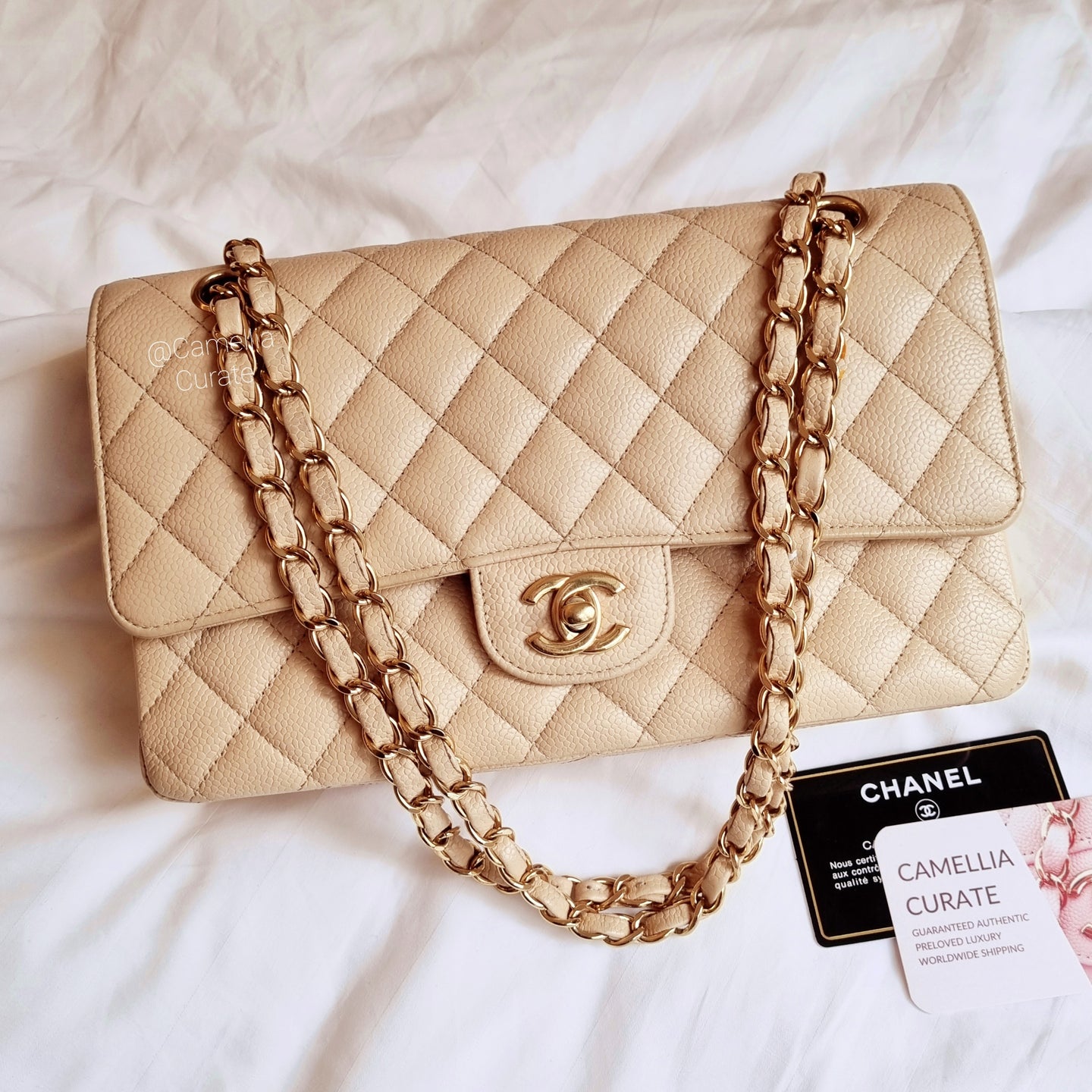 Chanel Beige Clair Classic Flap Medium Caviar Gold HW
