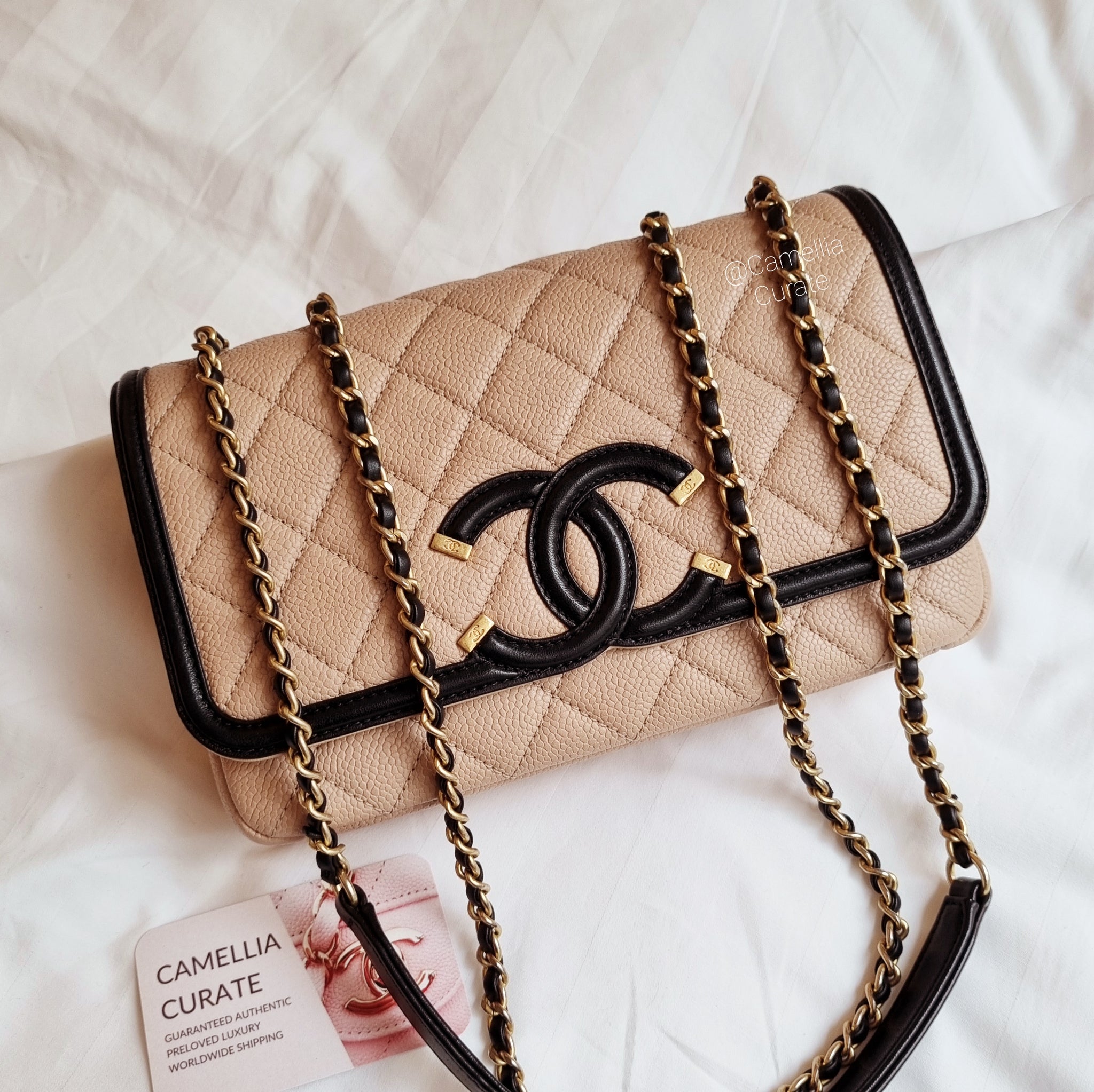 Chanel filigree flap beige black online