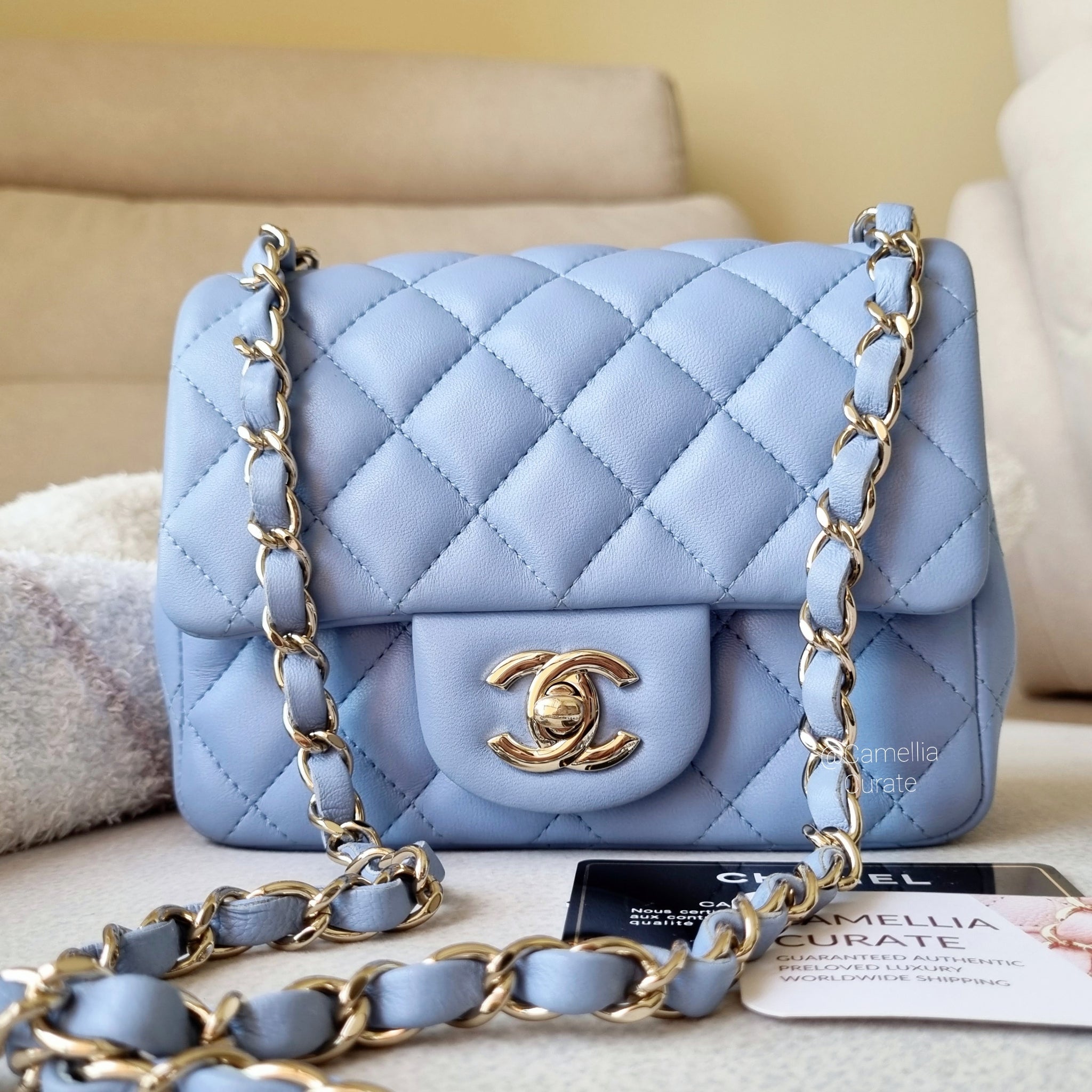 Auth Chanel 21K My Perfect Mini classic Flap CC Chain Bag Iridescent Blue  Caviar