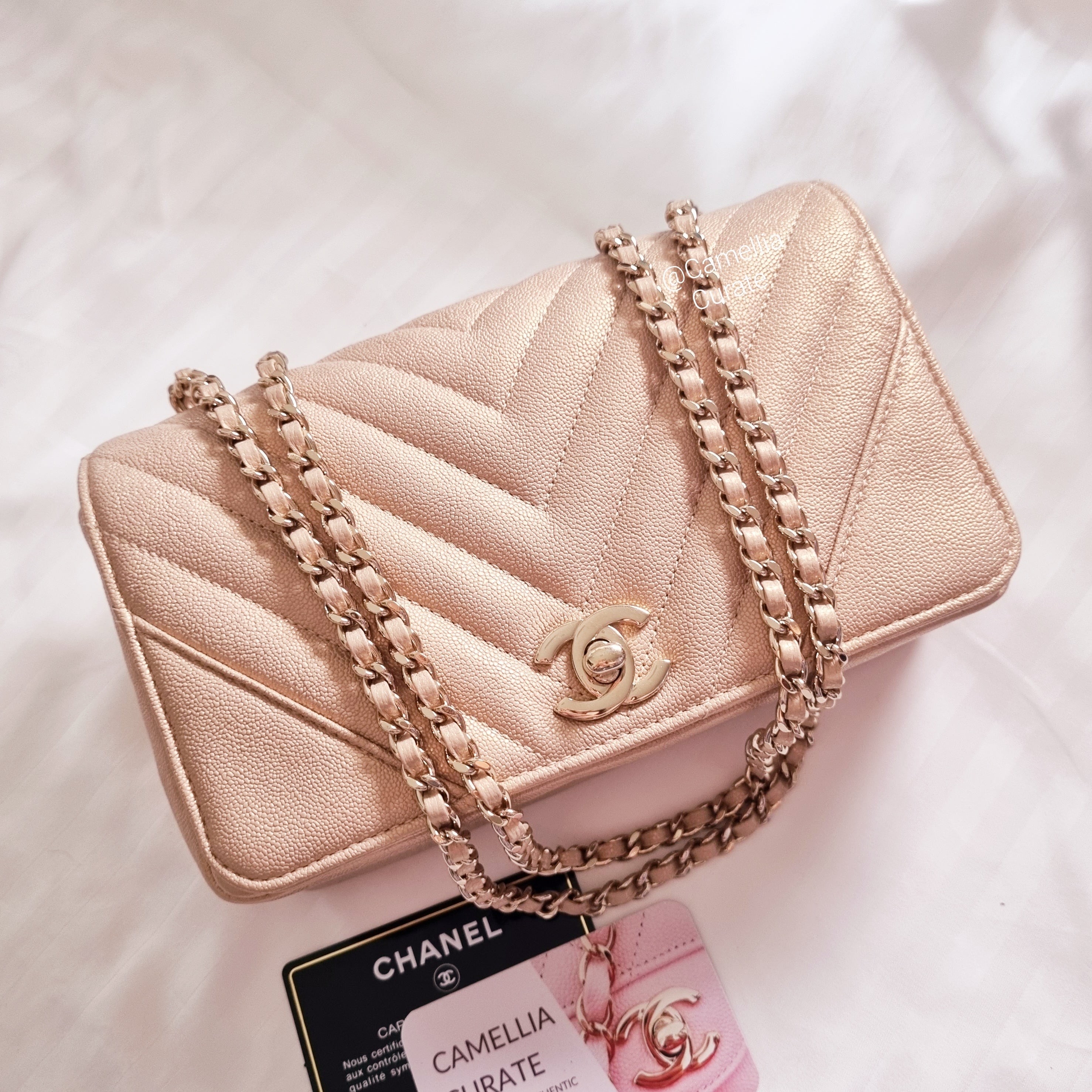 Chanel Iridescent Beige Gold Caviar Statement Chevron Mini Flap Gold H –  CamelliaCurate