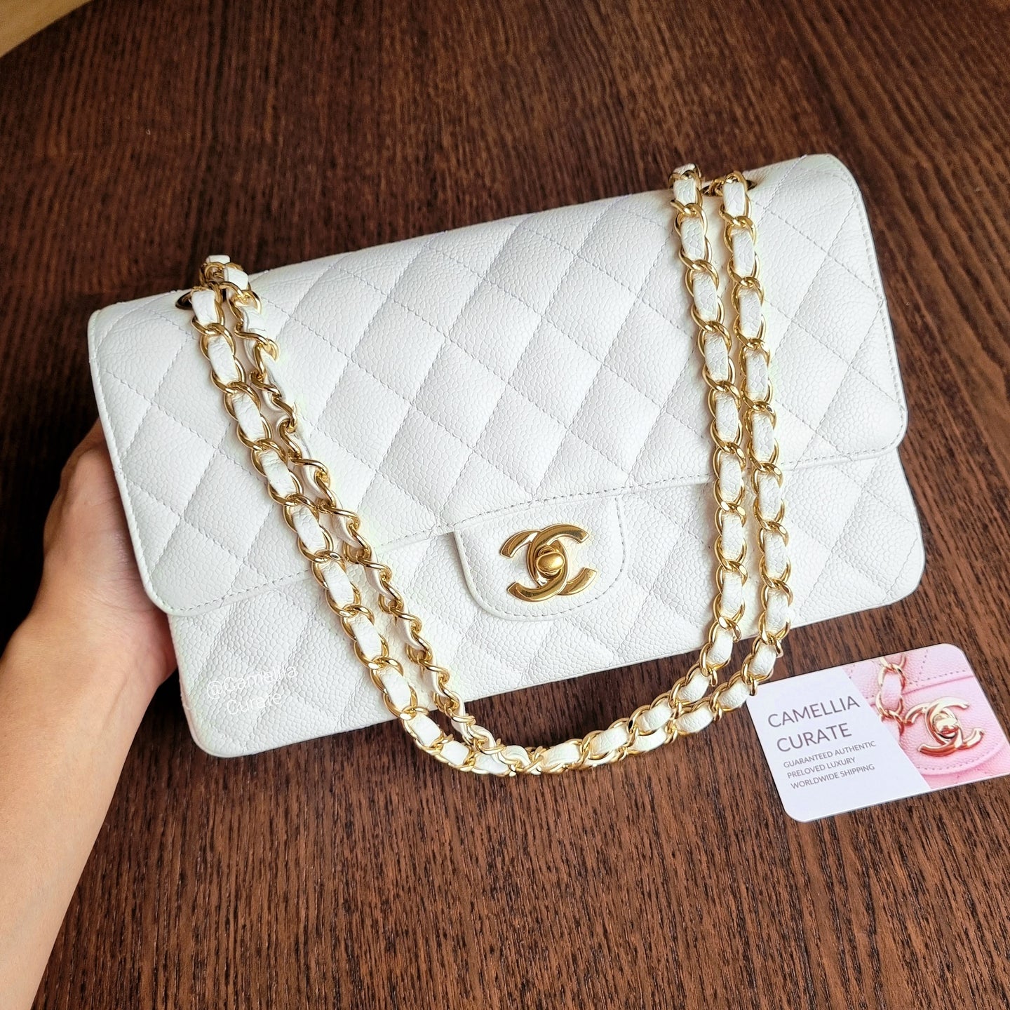 Chanel White Classic Flap Medium Gold HW