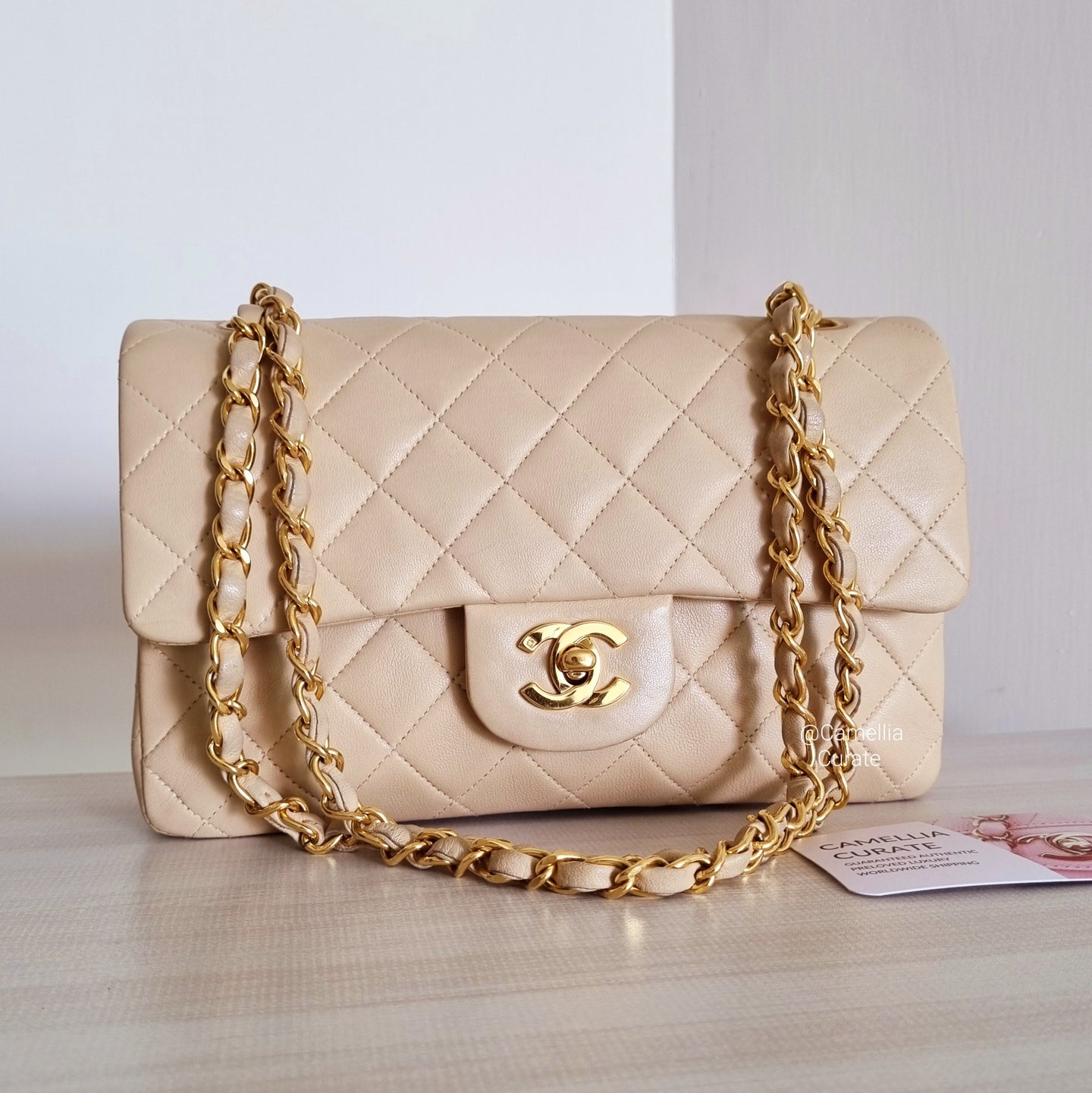 Chanel Beige Small Classic Flap Vintage 24k Gold