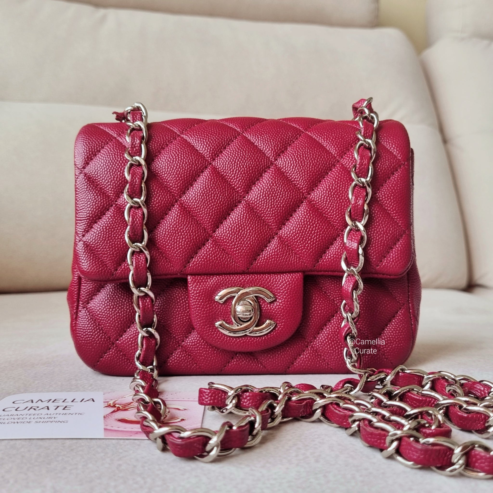 Chanel Raspberry Quilted Lambskin Mini Vanity Case with Chain, myGemma, SG