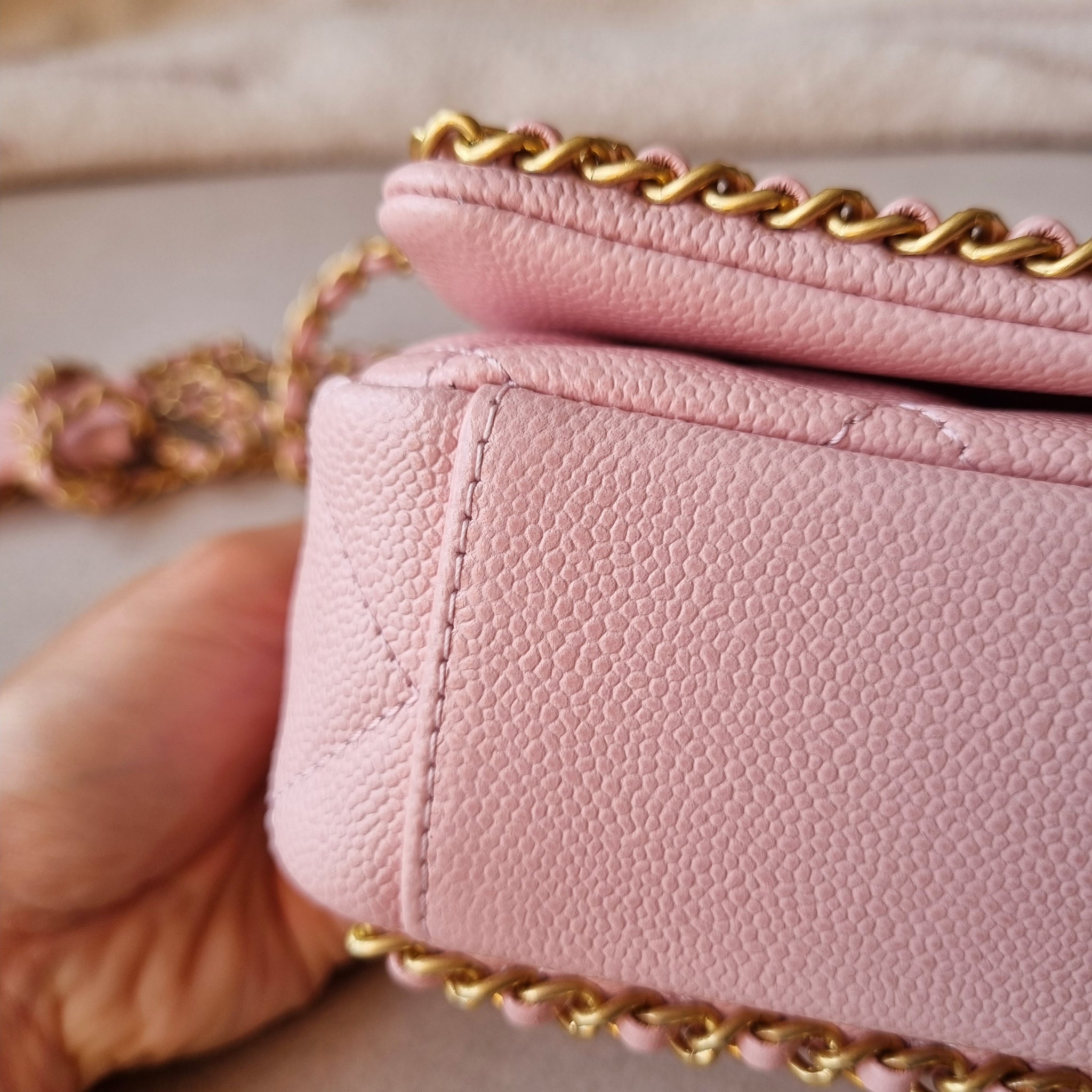 Chanel Zipped Key Holder Case 22K Pink Quilted Caviar Light gold