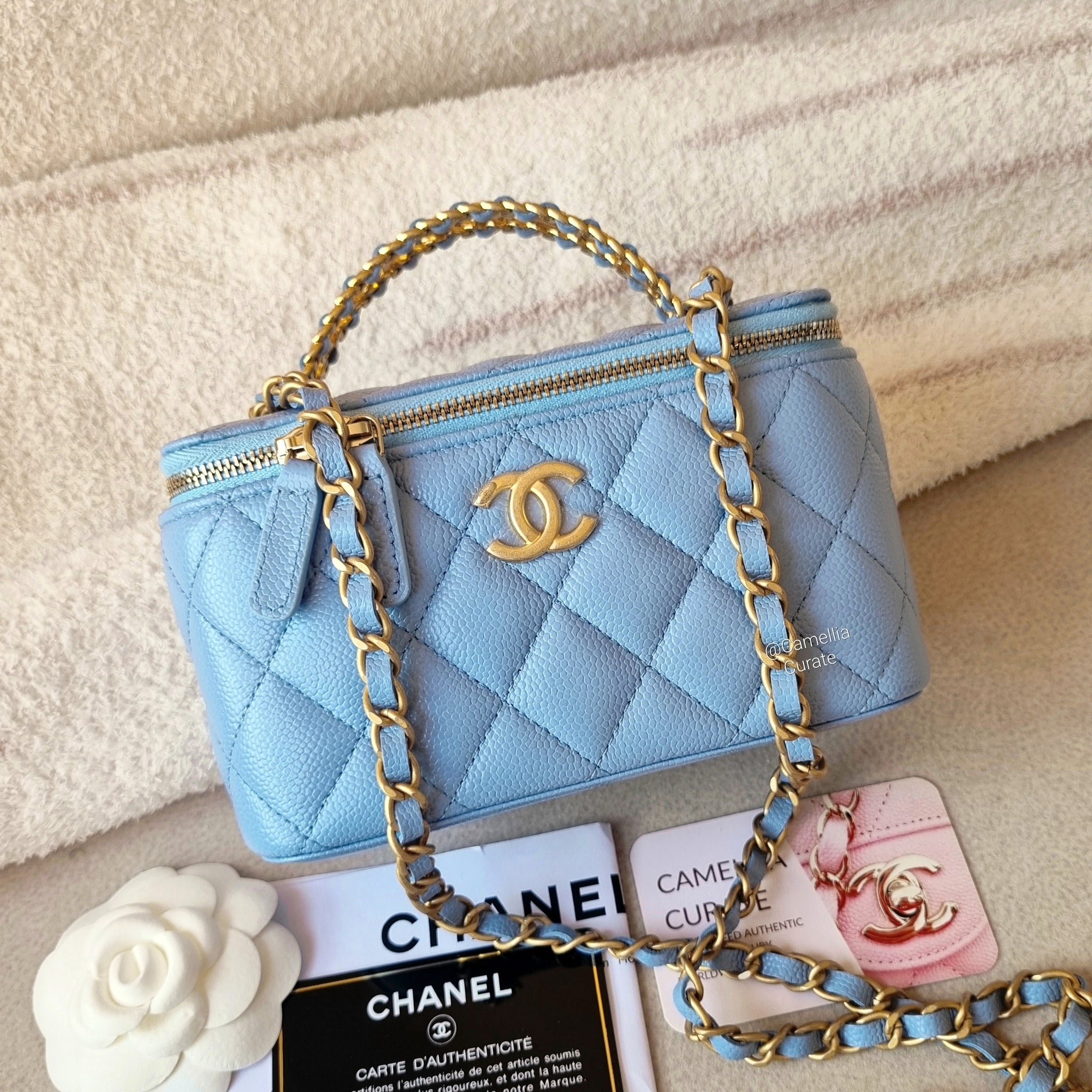 Chanel Small Vanity Bag With Handle Chain Light Blue For Sale at