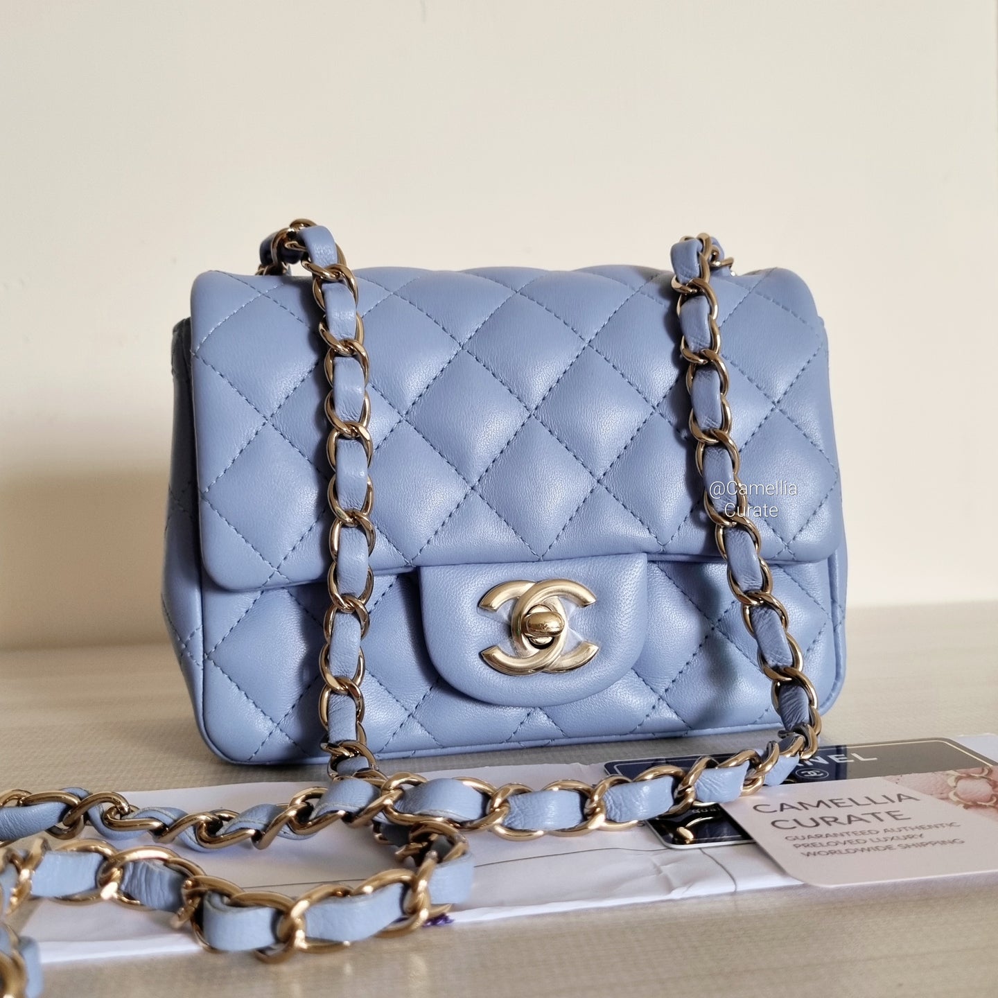 Chanel Baby Blue Mini 21p Square Champagne Gold HW
