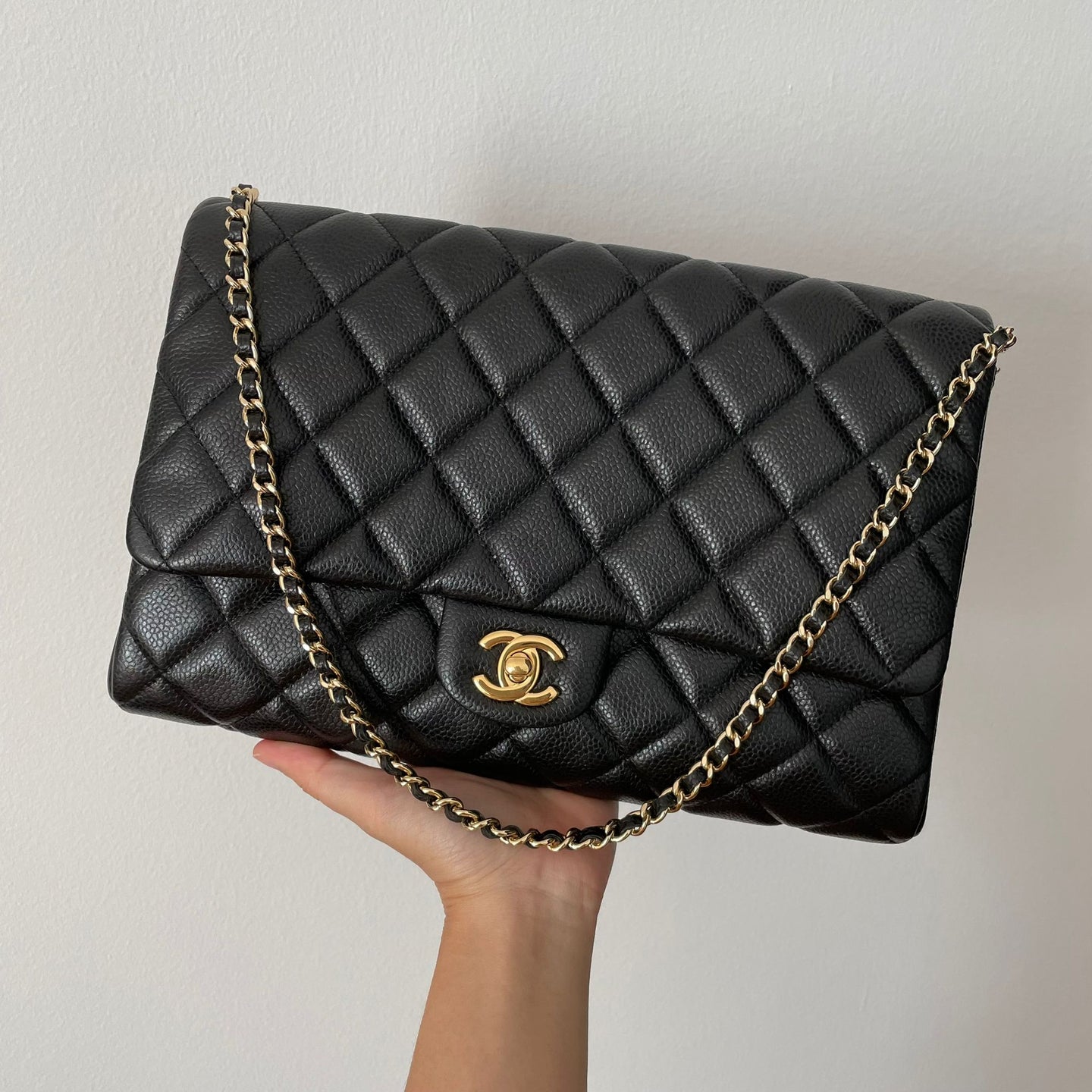 Chanel clutch with chain black caviar gold hw